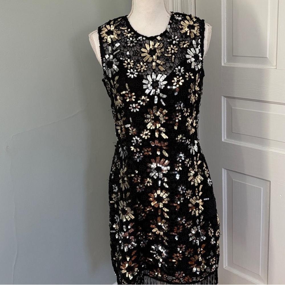 French Connection Black and Gold Floral Mini Dress